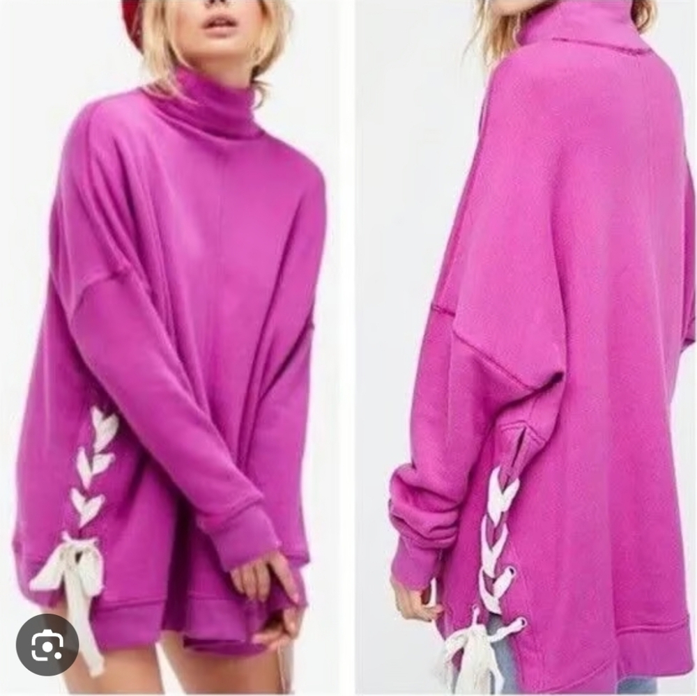 FREE PEOPLE So Plush Pullover Sweatshirt Purple Small Cotton Blend Sides Lace Up